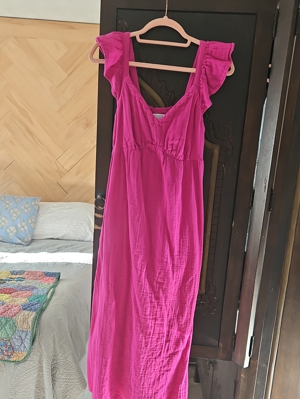 Time and Tru Bright Pink Ruffle Sleeve Maxi Dress
